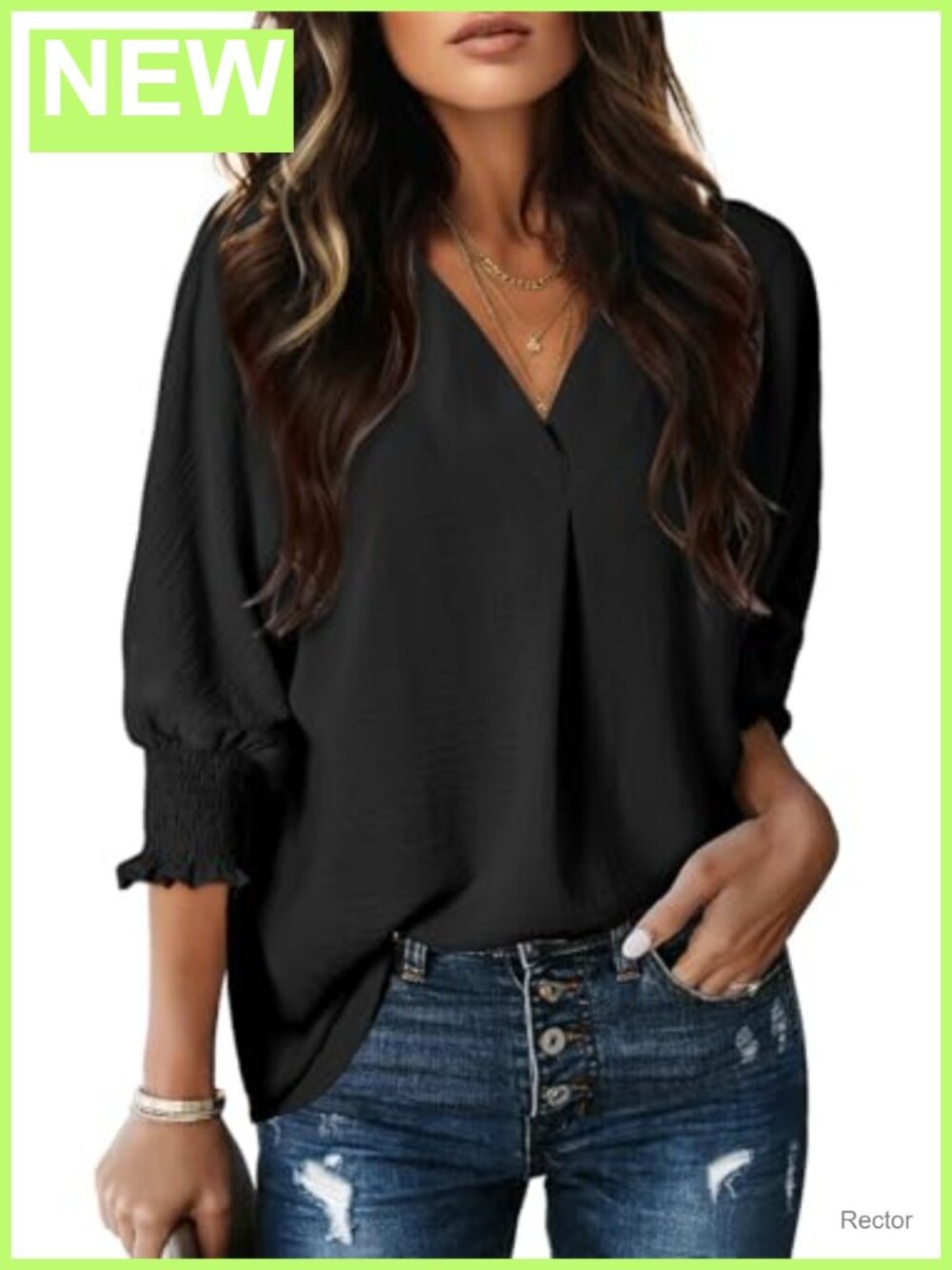Womens Textured V-Neck Blouse 3/4 Sleeve Button Down Shirt Loose Fit Office